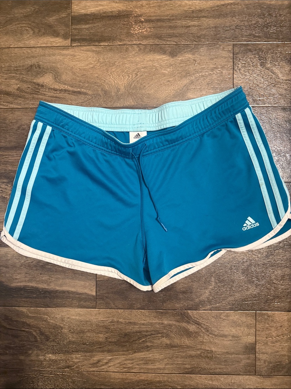 adidas Women's Teal Athletic Shorts with Light Blue Trim